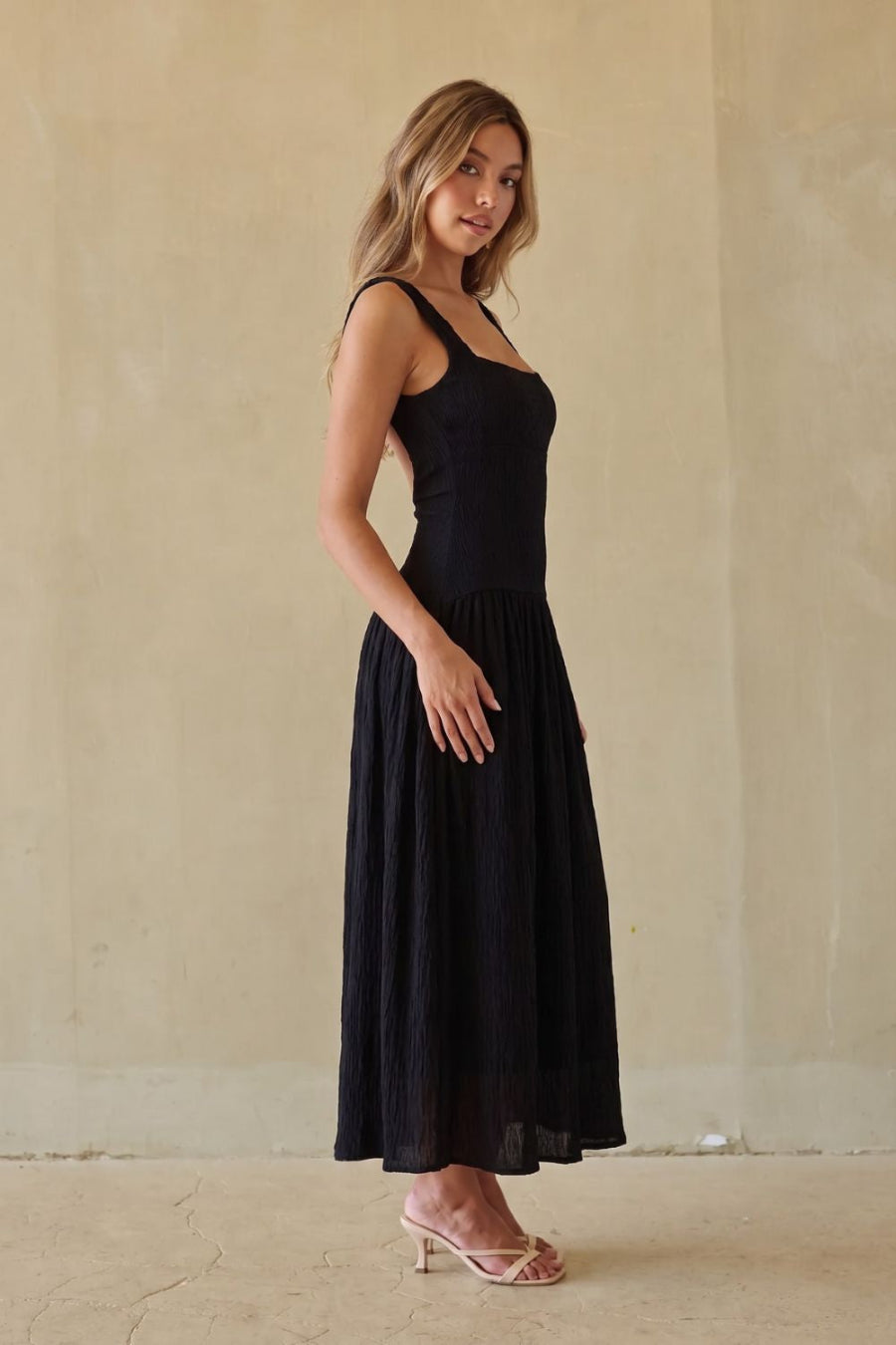 Mindy Drop Waist Textured Maxi Dress