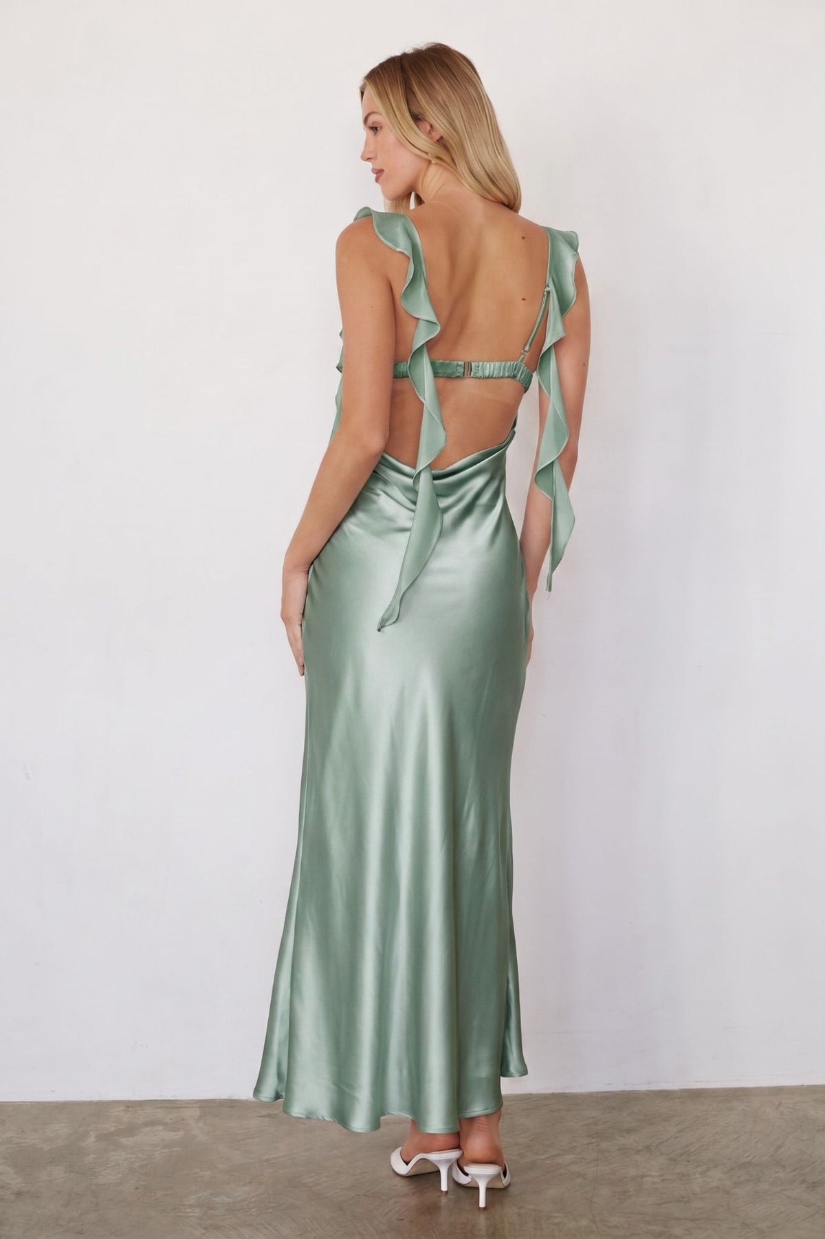 Siren Satin Ruffle Maxi Dress