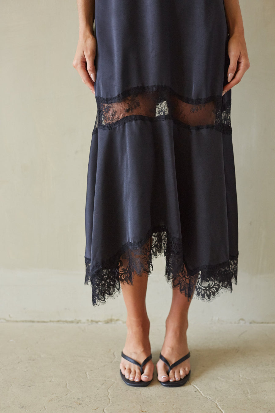 Val Lace Satin Slip Midi Dress